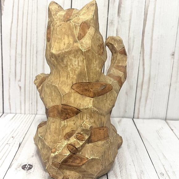 Boho Hand Carved Primitive Wooden Cat Planter or Utensil Holder Rustic Folk Art - Picture 4 of 13